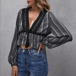 NWOT Boho Lace Fringe Tie Front Peplum Crop Top